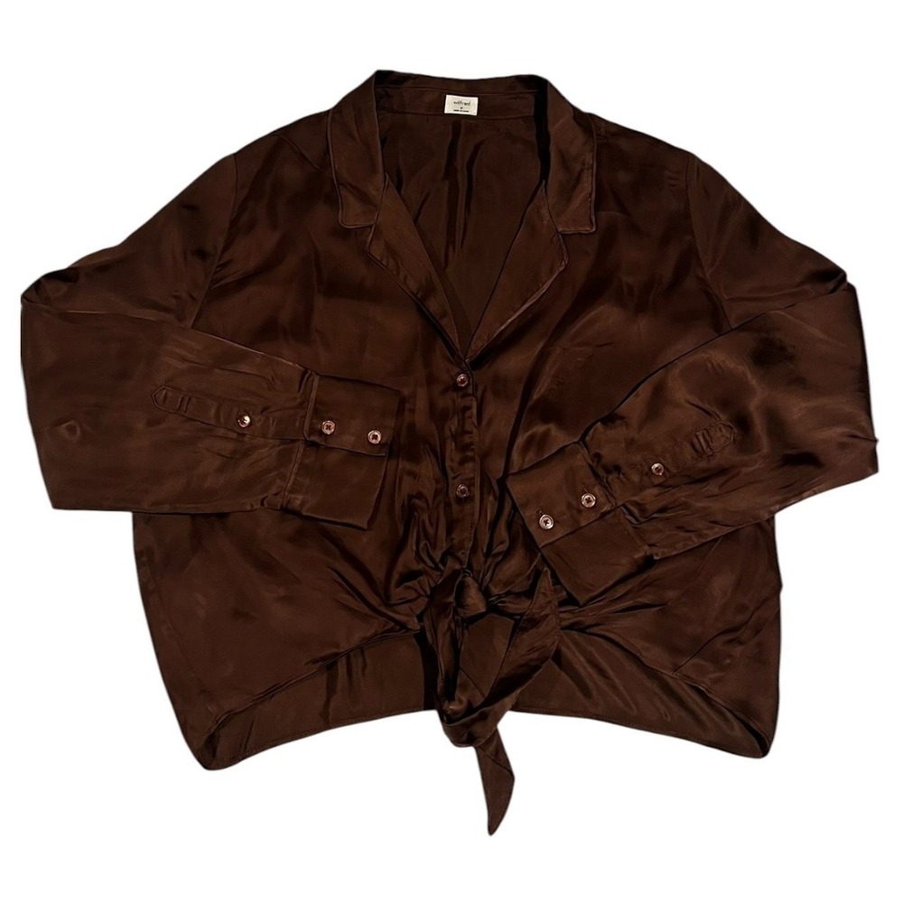 Wilfred Aritzia Brown Satin Front Tie Button Down Blouse Shirt Womens Medium‎